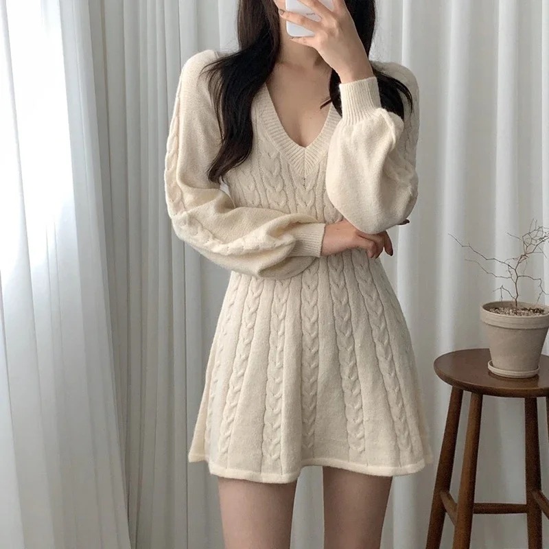 女性のニットドレス,ランタンスリーブ,甘いミニドレス,韓国のファッション,カジュアルでエレガント,ライン,セクシーでスリム,秋,HELIAR-V - 200000345