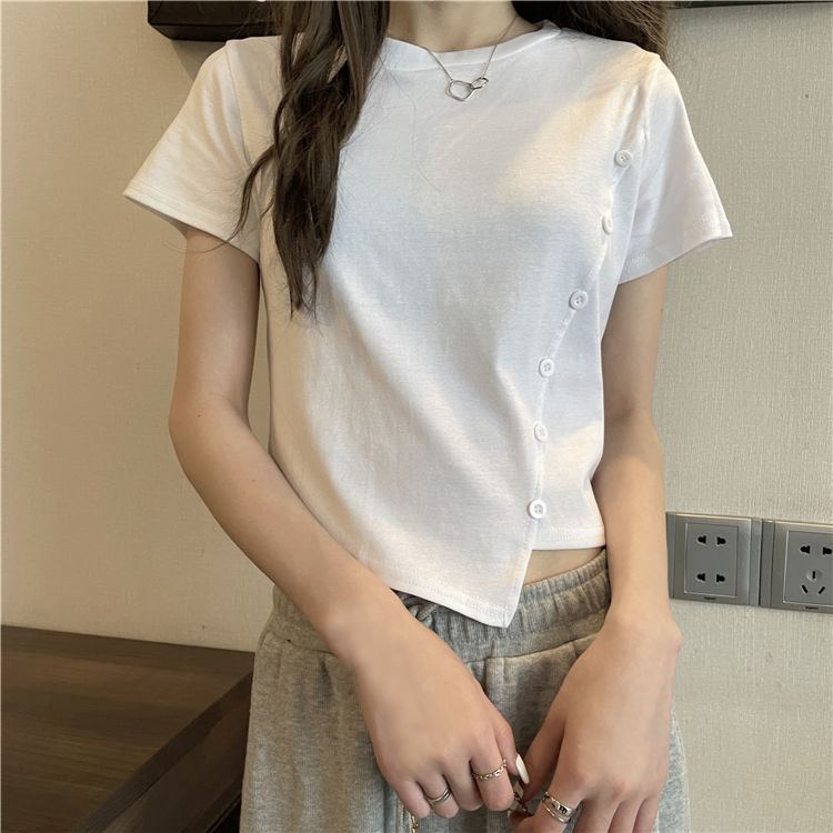 女性用デザイン斜めボタンポロtシャツイレギュラーショートトップスレディース半袖無地カジュアル多用途トレンドイントレンド