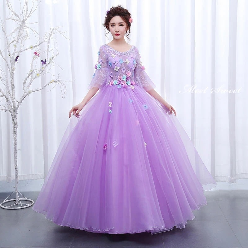 ウェディングドレス パーティードレス ロングドレス 5分袖 イブニングドレス カラードレス ウエディングドレス 結婚式 二次会ドレス 花嫁 綺麗 ロング丈 パープル 披露宴 演奏会 発表会ドレス コン