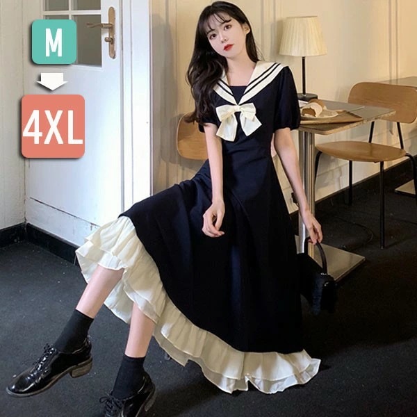ワンピース 春夏 ビッグカラー セーラー風 胸元リボン 半袖 夏用 夏服 かわいい レディース 中学生 フリル裾 デコ襟 大きいサイズ Tシャツワンピース ロリータ ミモレ丈 カットソー ワンピース 4,545円