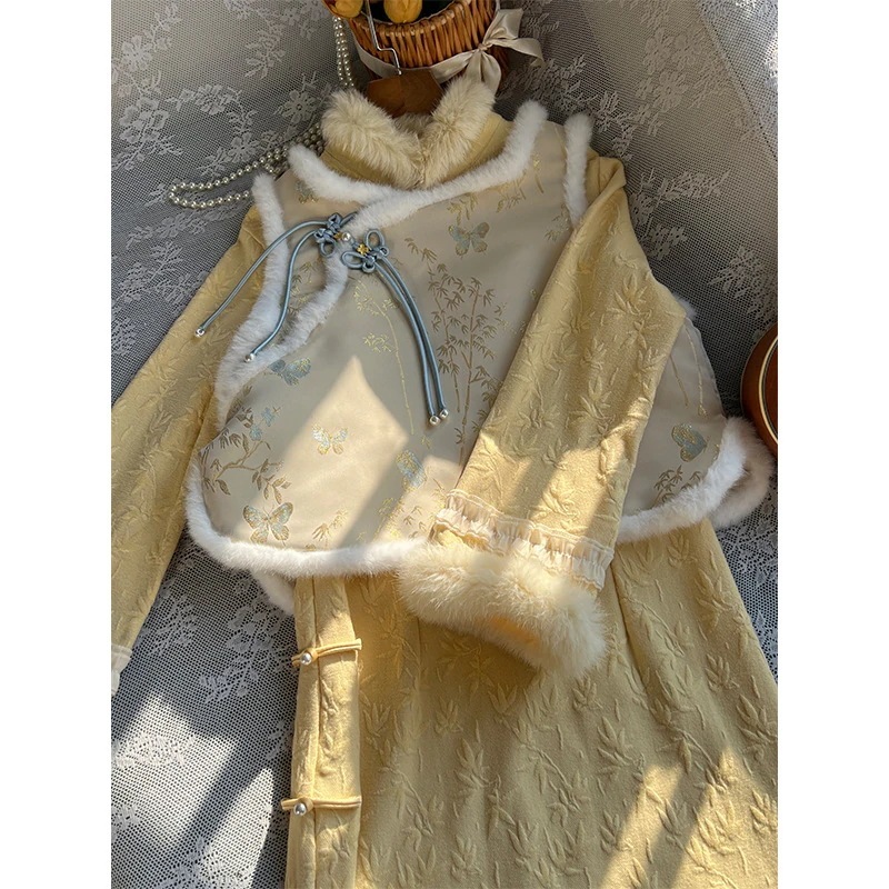 ワンピースドレスドレスチョンサムベストコレクション秋と冬の新しいスタイルが改善されましたチョンサムノースリーブレスベスト厚さ