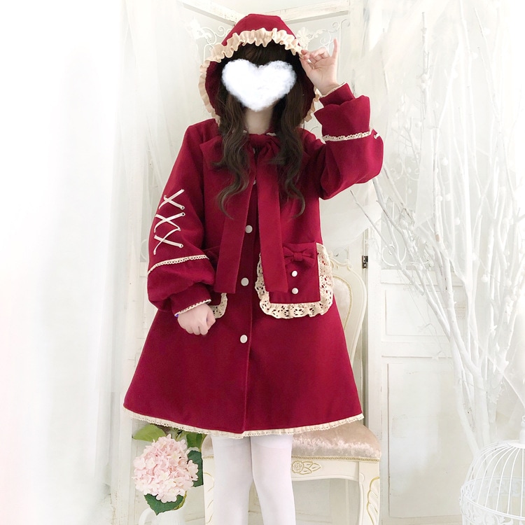 雪赤ずきんちゃんロリータベルベット厚手のフード付きコート冬に暖かい新年レッドロリータ