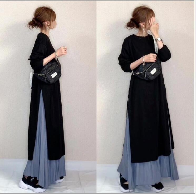 レディース ワンピース フレア ロング マキシ 長袖 Uネック ラウンドネック Aライン 切り替えデザイン バイカラー 配色 ドッキング かわいい 大人可愛い きれいめ 上品 おしゃれ かっこいい