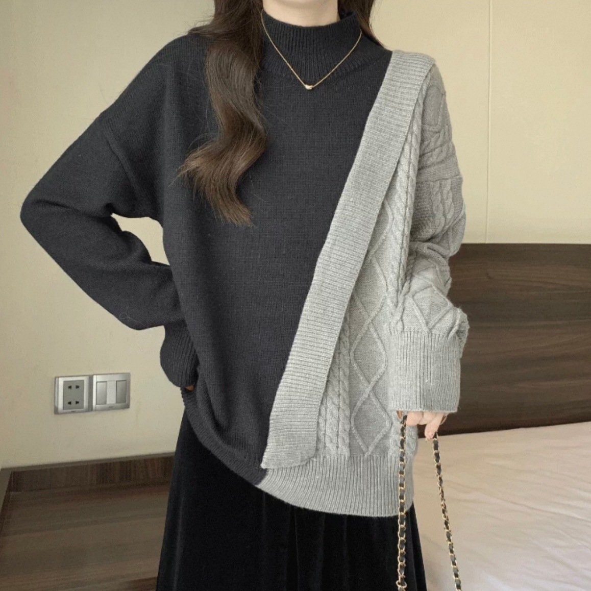 レディース トップス ニット セーター 長袖 ハーフタートルネック 切り替えデザイン コットン かわいい 大人可愛い シンプル カジュアル 上品 おしゃれ レトロ こなれ感 ラフ エレガント とろみ感 5,026円