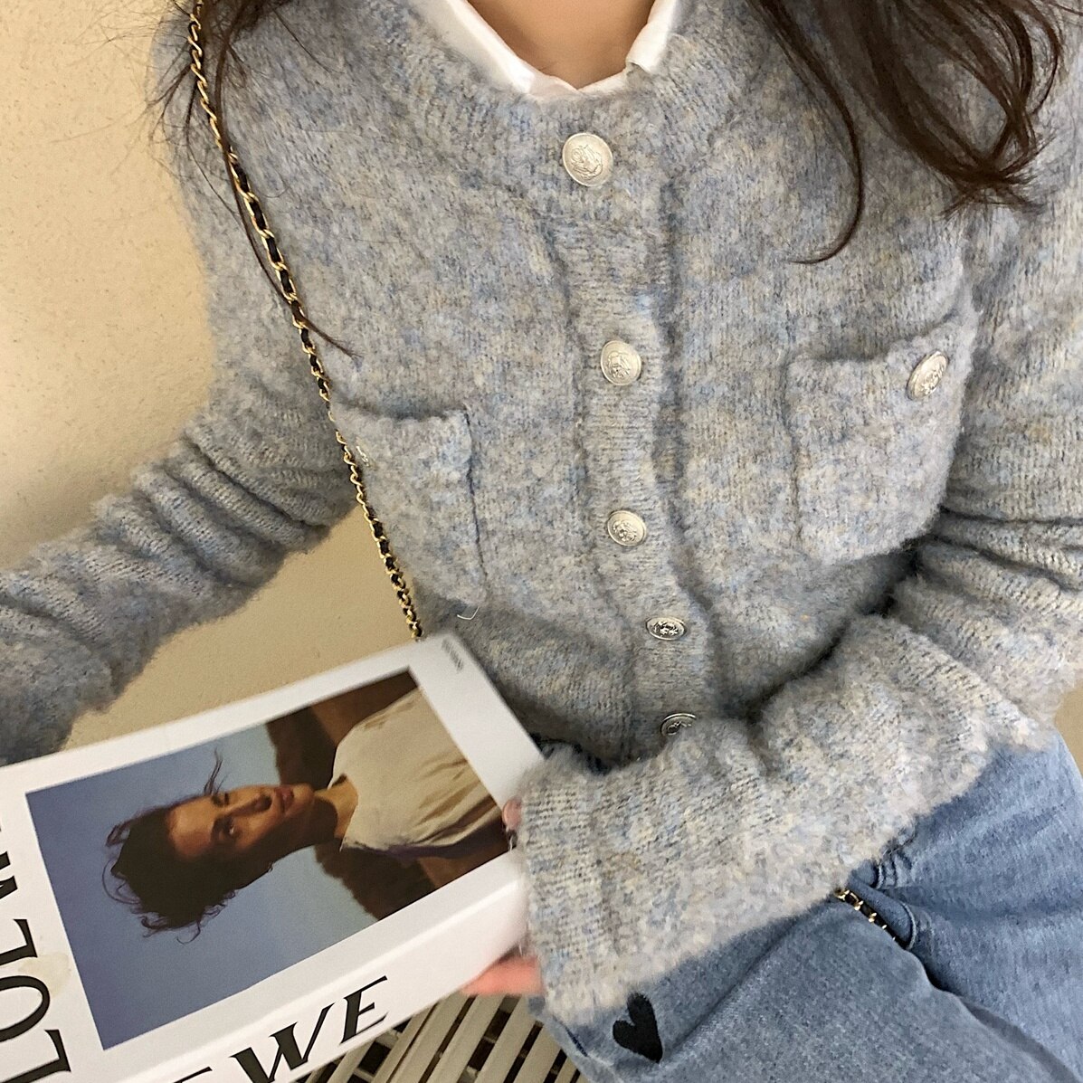 3color レディース カーディガン コート ショート丈 ニット 長袖 前開き ボタン 人気