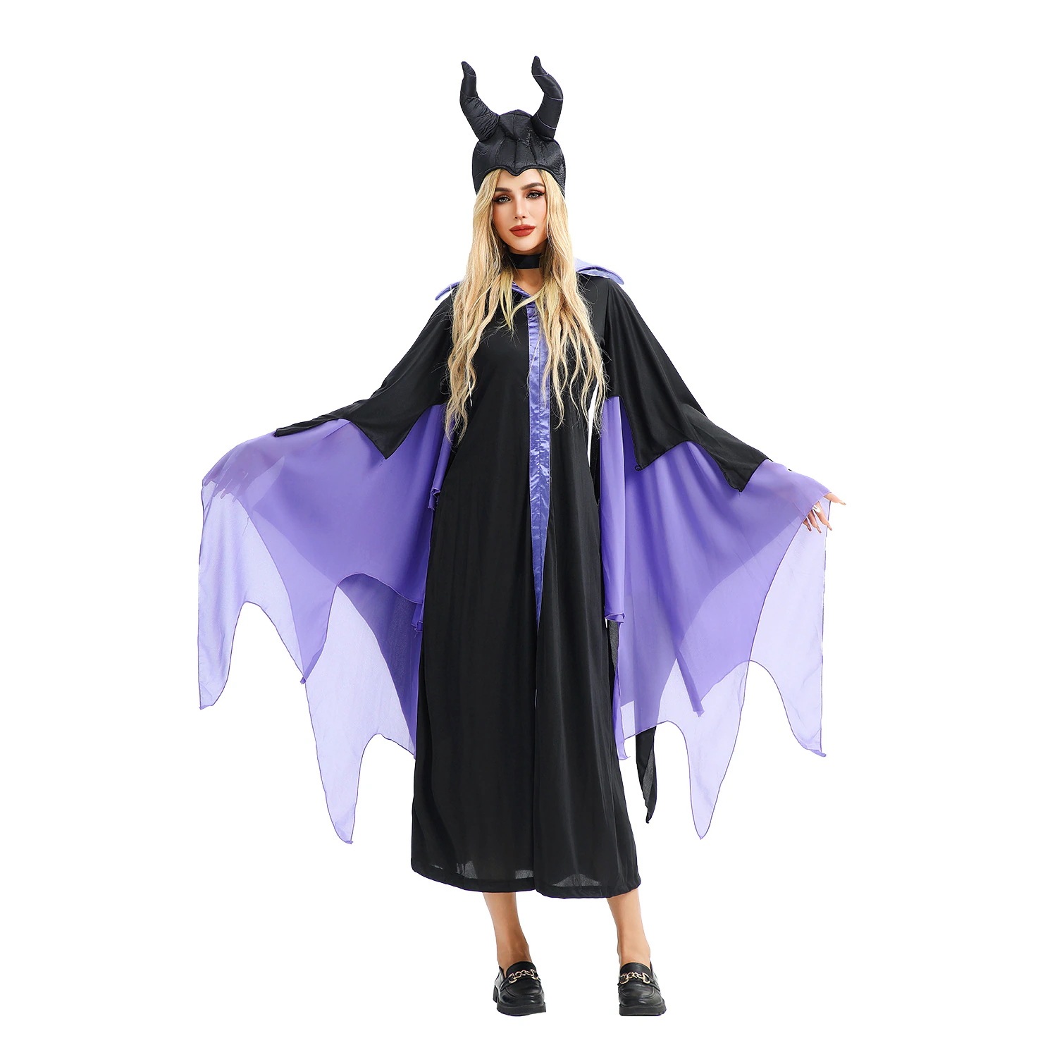 2025ハロウィンコスプレ ゴシック暗黒鬼花嫁 ロングドレス - 吸血鬼貴婦人 マレフィセント風マント付き エレガントで恐ろしい衣装