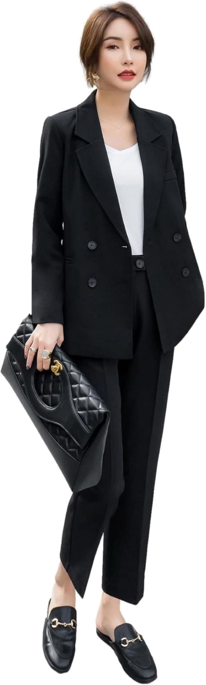 カジュアルスーツ 上下セット 足首スッキリ 9分丈パンツ 長袖 セレモニー 洗える きれいめ スリム スラックス お呼ばれ アウター ビジネススーツ ポリエステル(ブラック, S)