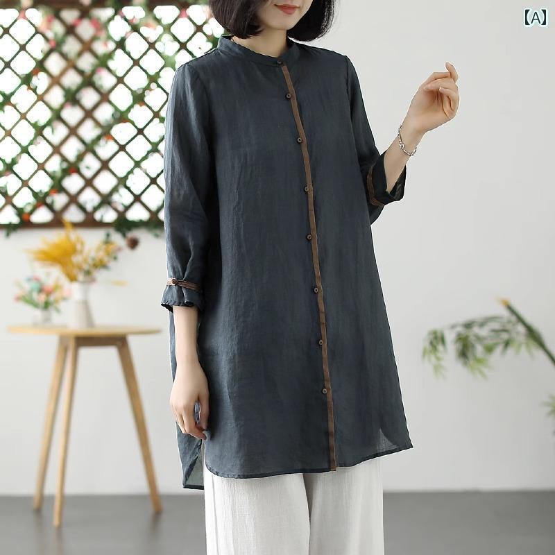 レディース　　シャツ　トップス 女性用 コットン＆ リネンシャツ 2025夏 レトロ ステッチ ミドル 丈 リネン 七分袖 トップス