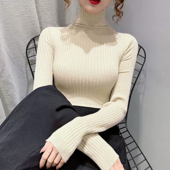 トップス ニットソー セーター 袖あり 長袖 ハイネック タートルネック スリム 細身 ストレート Iライン リブ ニット かわいい 大人可愛い きれいめ シンプル 大人 上品 おしゃれ お洒落
