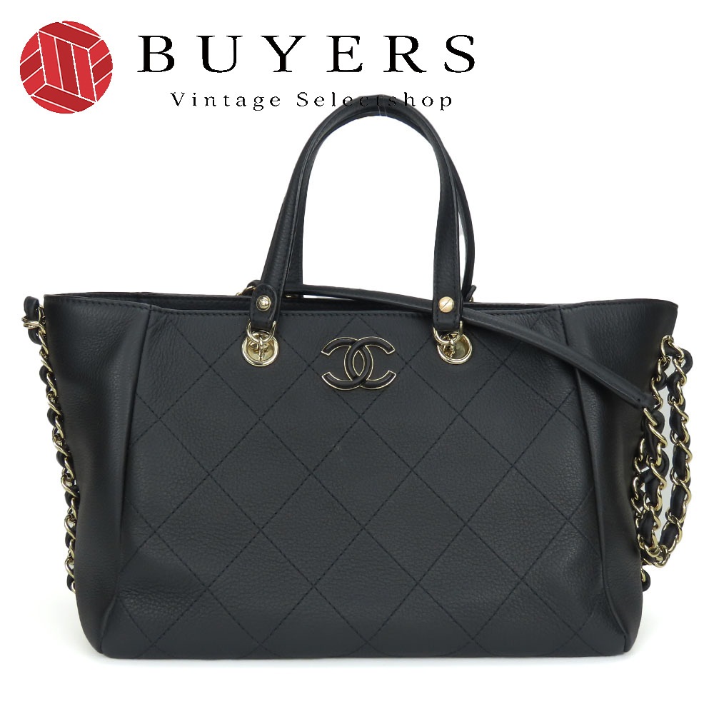 中古 ハンドバッグ スモールショッピングバッグ AS0355 マトラッセ チェーン カーフ ブラック ゴールド金具 27番台 2WAY ショルダーバッグ レディース 女性