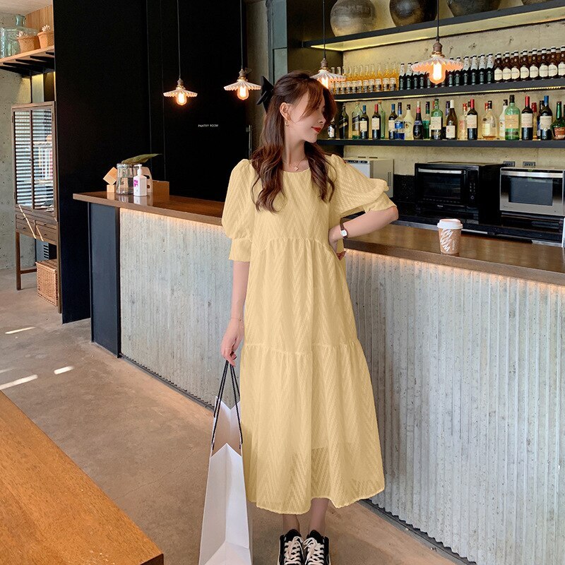 ラージサイズレディースサマーイエローレースルーズドレスサマーファットmmミドル丈スリム半袖スカート