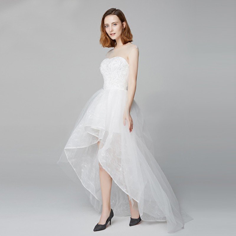 ウェディングドレス 安い トレーンドレス 前ミニ ウエディングドレス 二次会 エンパイア 花嫁 パー