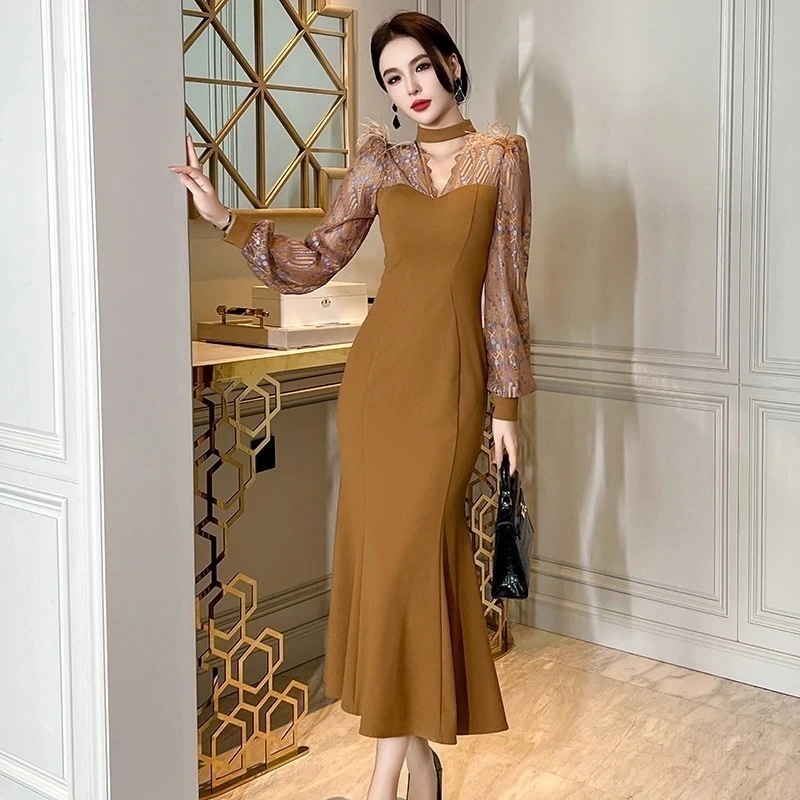 Hot!!!秋冬 レース ロングワンピース ドッキング マーメイド パーティードレス キャバ 着痩せ 大人 同窓会 披露宴 卒業式 結婚式 演奏会 ウェディング 二次会