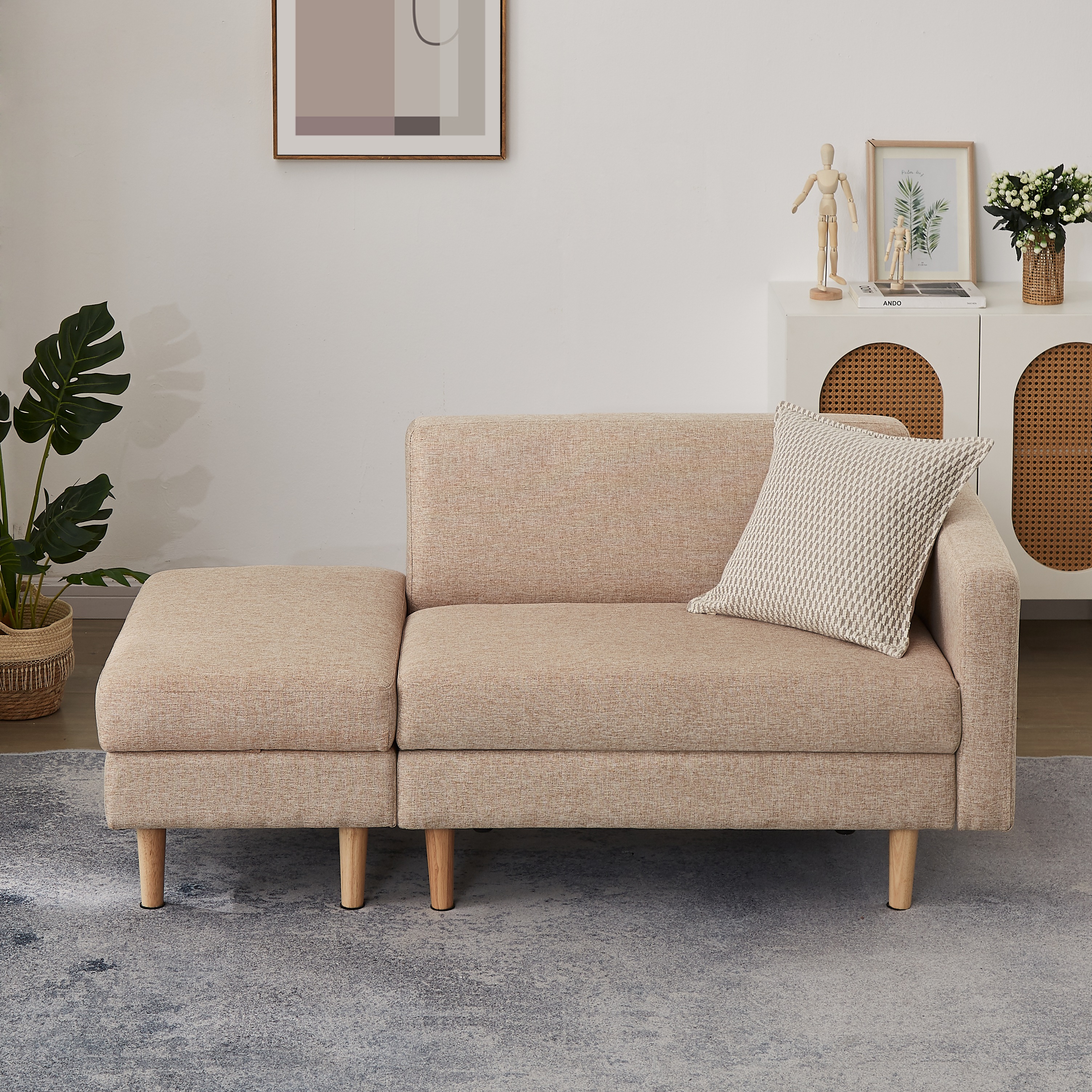【迅速な出荷/2303】One Arm 2 Seater sofa+Ottoman ソファ 2人掛け 収納付き オットマン付き ファブリック 肘掛け 木脚外し可能 ローソファ コンパクト ひとり暮らし