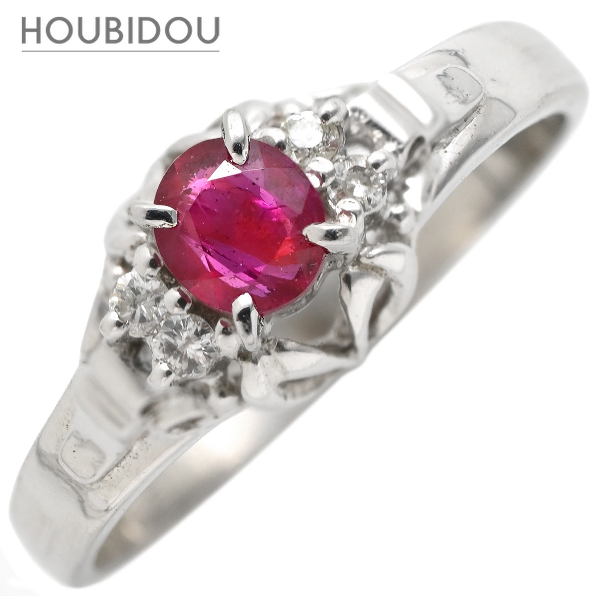 リング 指輪 ルビー 0.19ct ダイヤリング プラチナシルバー レッド 赤 1石 オーバルミックスカット ダイヤモンド 4Pダイヤ 9号【中古】