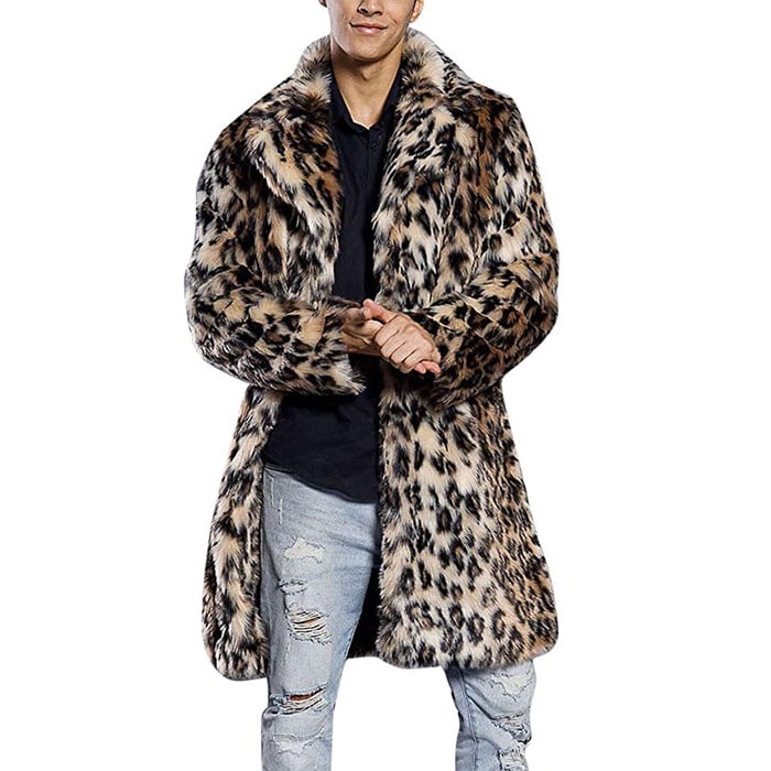 メンズ ロングコート アウター ヒョウ柄 豹柄 フェイクファー 毛皮コート