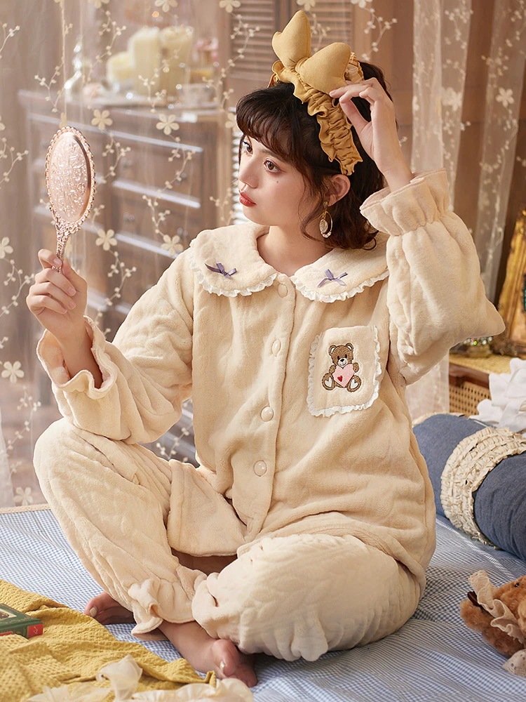 プリンセス女性用パジャマ秋冬コーラルベルベット厚みのあるベルベットスーツ冬フランネルかわいいクマホーム服 5,595円