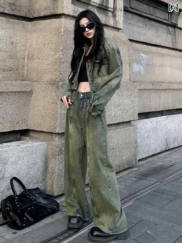 デニム　スタイル　レディース　 アメリカン レトロ デニムスーツ 秋冬 スタイル 甘くて クールな ホット ガール ショート ジャケット ストレート ワイド レッグ パンツ ツーピース スーツ