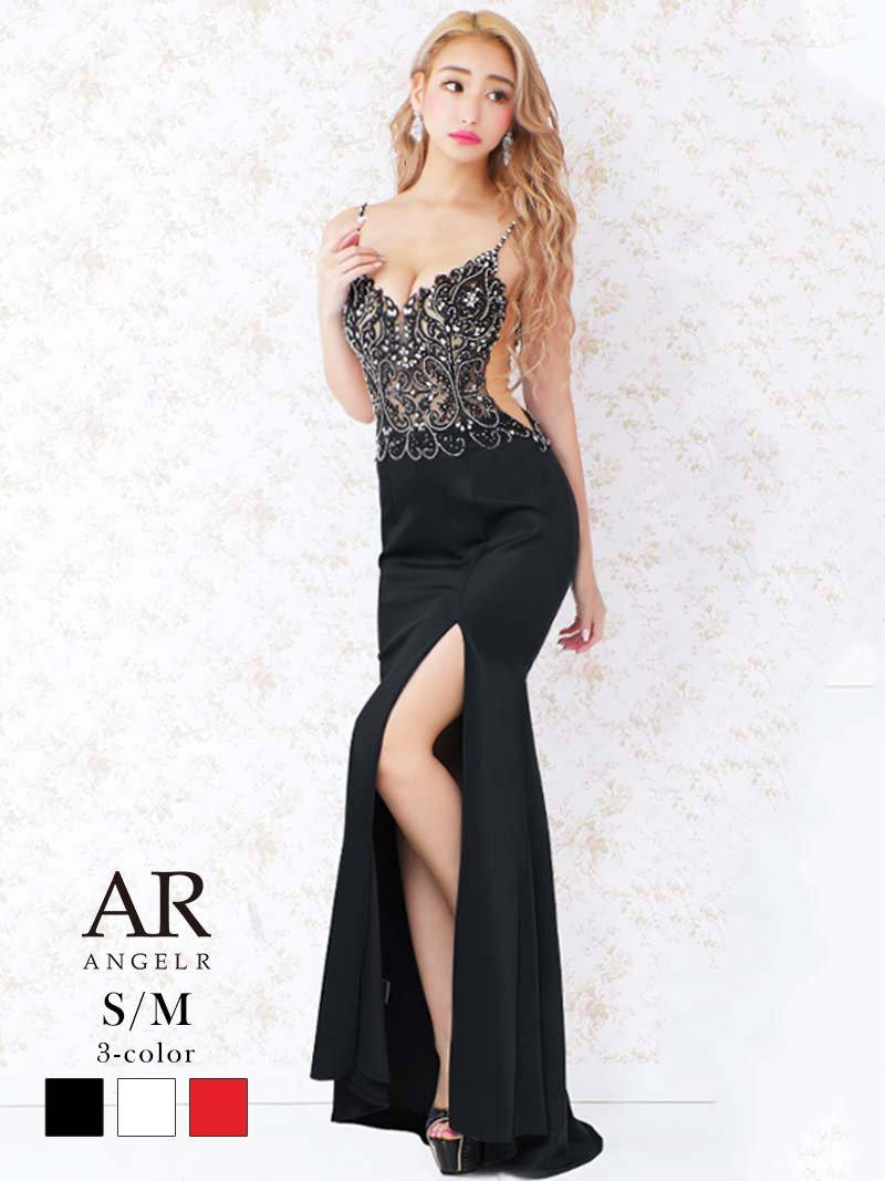 キャバドレス ロング レース ビジュー ロングドレス キャミ スリット 高級ドレス シアー クラブ ブランドドレス 高級ドレス AngelR エンジェルアール