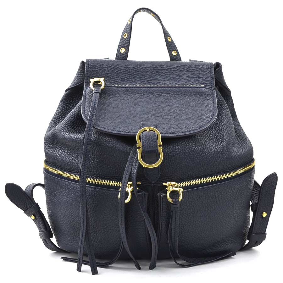 サルヴァトーレフェラガモ Salvatore Ferragamo リュック ガンチーニ レザー ネイビー ゴールド レディース w0919a