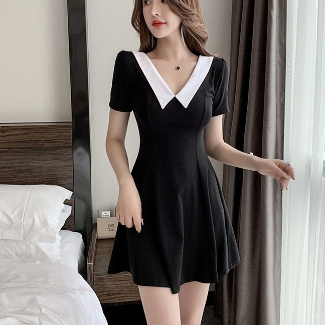 ワンピース ミニワンピース 半袖 襟付き Vネック Aライン ミニ丈 ウエストマーク かわいい 大人可愛い きれいめ シンプル 上品 おしゃれ カジュアル こなれ感 個性的 主役級 存在感 抜け感 春
