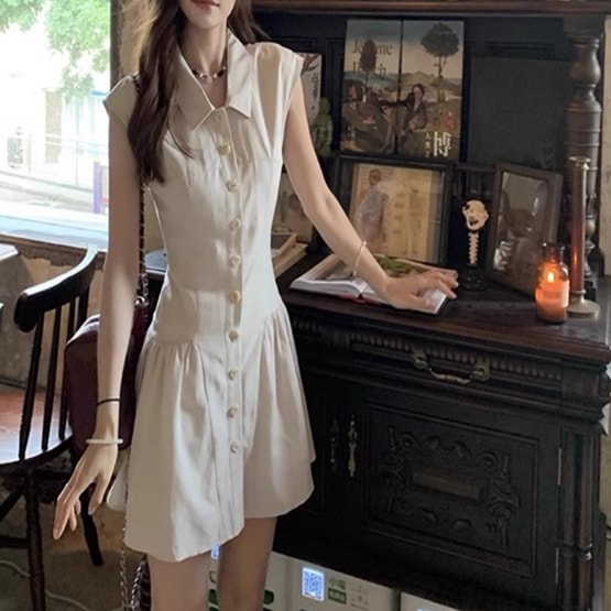 ワンピース レディース ミニ 膝上 袖なし ノースリーブ 襟付き スタンドカラー タイト スリム 細身 前開き ボタン かわいい 大人可愛い きれいめ シンプル カジュアル おしゃれ こなれ感 ラフ 6,619円