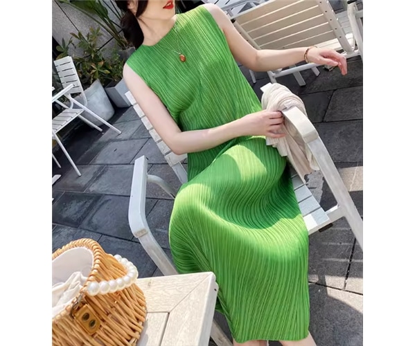 レディース ワンピース プルオーバー ペンシルスカート ロング マキシ 袖なし ノースリーブ ラウンドネック クルーネック ストレート Iライン プリーツ 大人可愛い きれいめ シンプル カジュアル