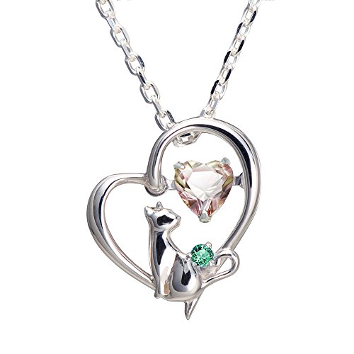 選べる誕生石最高級スワロフスキーダンシングストーンハートネコレディースシルバーペンダントネックレスミスティローズ(5月：エメラルド)