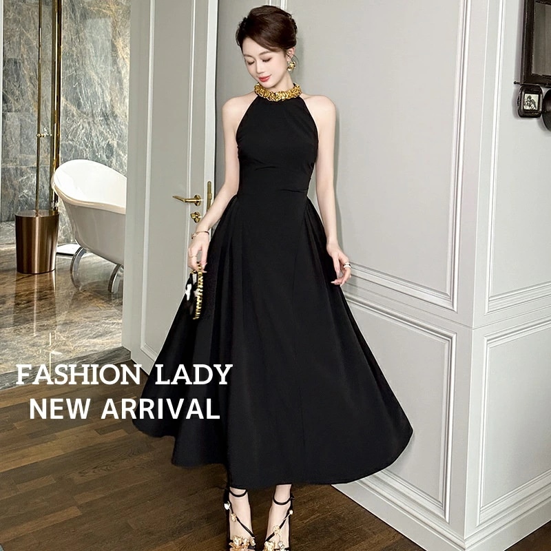 高級感 レディースワンピース パーティードレス エレガント おしゃれ ブラック ホルタネック ロングドレス ウェディング 誕生日 宴会 お呼ばれ ノースリーブ ファスナー 礼服 着瘦せ 夏ワンピース 4,550円
