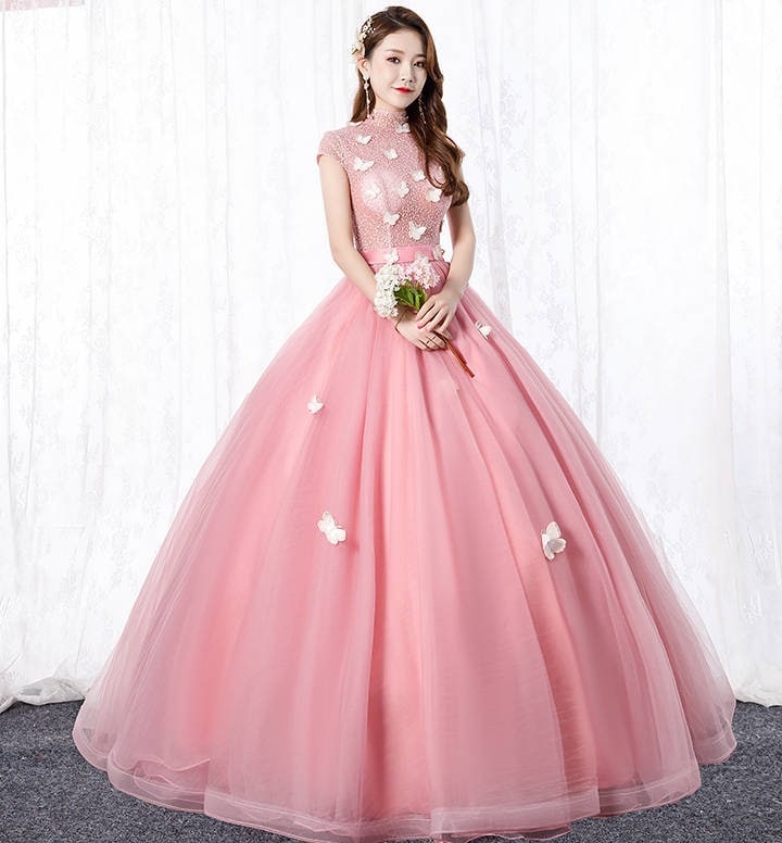 カラードレス プリンセスライン ウエディングドレス 二次会 結婚式 ドレス 演奏会用ドレス ピアノ 舞台 ステージ衣装 コーラス イベント 花嫁 フォーマル パーティードレス ワンピース 立ち襟 蝶柄