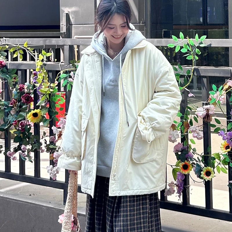 Huangzheng 手作りの日本の女の子のレトロなミルキーイエローのラムファーの襟付きジャケット小さな女性用暖かい綿コート