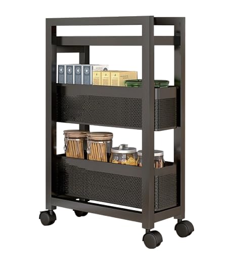 キッチン収納 隙間収納 キッチンワゴン スリム 引き出し可能 組立簡単 キャスター付き 調味料 食品 ペットボトル 小物 冷蔵庫横 台所 2段 ブラック