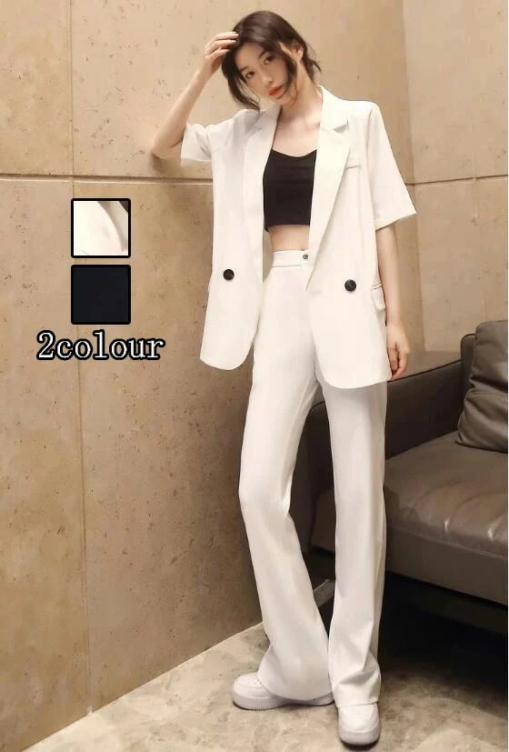 格好いい 着痩せ レディース フォーマル セットアップ 通勤 OL ロングコート 半袖トップス+ガウチョパンツ 2点セット ママ 入学式 卒業式 カジュアル ビジネス パンツスーツ 結婚式 オフィス