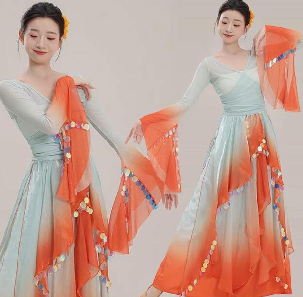 クラシカル セットアップ 古典ダンス衣装 チャイナ風 大人 長袖 ダンスウェア レディース グラデーション 飄逸 上下セット ブラウス 団 古典舞踊 舞台ステージ衣装 超目玉新品 スカート風パンツ