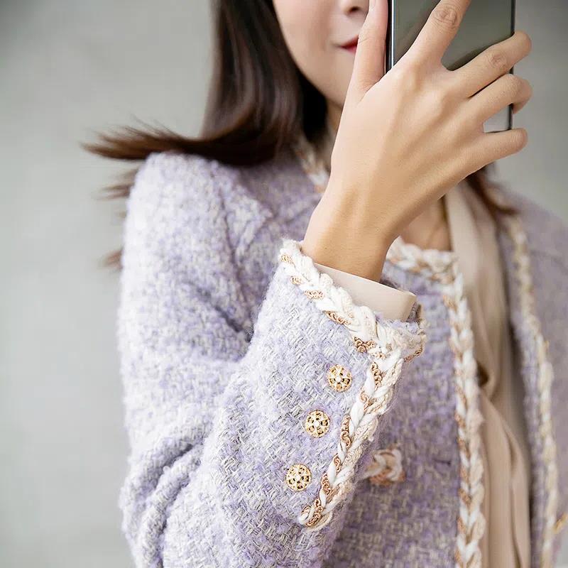 ヨーロッパ婦人服 ラベンダー パープル ツイード カーディガン ジャケット レディース 複合秋冬 ショート スタイル 小さい女性