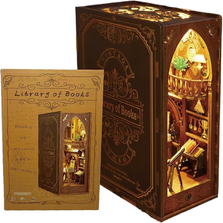 ブックヌック ブックヌーク 図書館 ブックエンド ブックスタンド ミニチュア ドールハウス ウッドクラフト 手芸 LEDライト付き ウッドパズル プレゼント説明書付き(ブラウン)