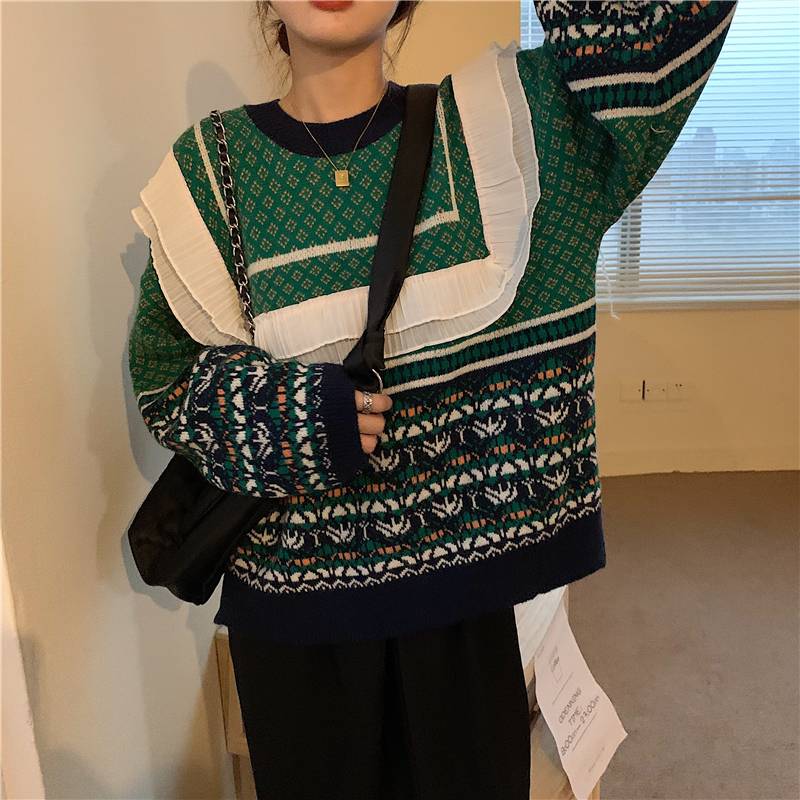 総柄 ニット レディース 長袖 オーバーサイズ ロゴ マルチパターン 幾何学 北欧 格子柄 エスニック フリルトップス カジュアル ルーズ マルチカラ― 楽チン 体型カバー グリーン ネイビー 通学 6,026円