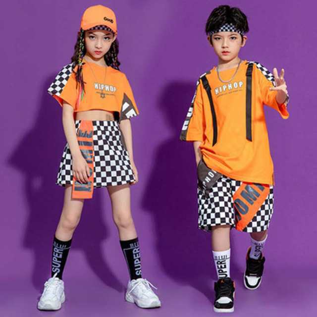 【短納期】 キッズ ダンス衣装 日常服装 ヒップホップ ダンス 2点セット 男子 上着+ズボン+ヘアバンド 女子 上着+スカート+ヘアバンド 110 12