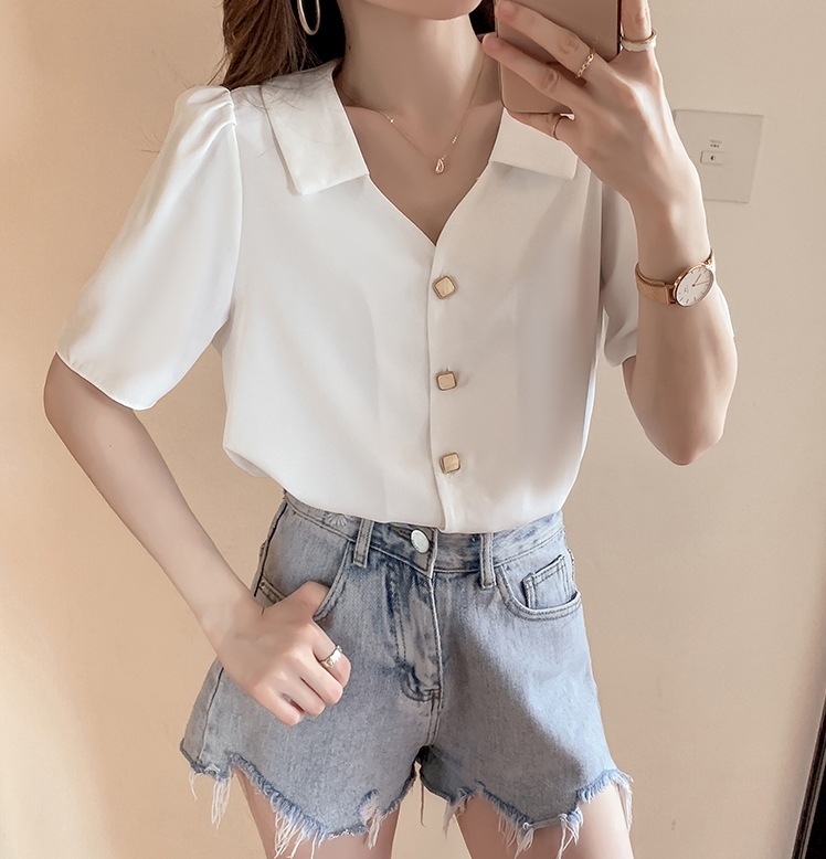 トップス シャツ ブラウス 袖あり 半袖 Vネック 襟付き シフォン 快適 着心地 かわいい 大人可愛い きれいめ シンプル カジュアル 大人 上品 おしゃれ レトロ 大人女子 こなれ感 ラフ
