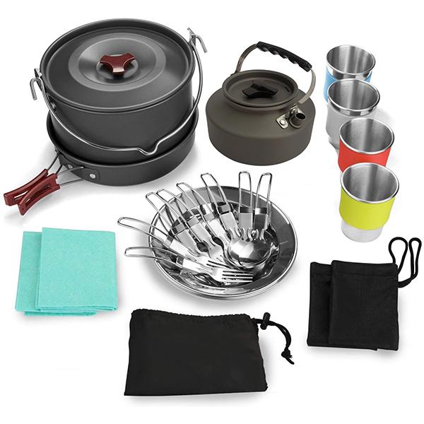大容量 アウトドア 食器付き 調理器具セット ポータブル カラー キャンプ用 食器 カトラリー 鍋セット 収納袋付き 防災キャンプ 登山用鍋
