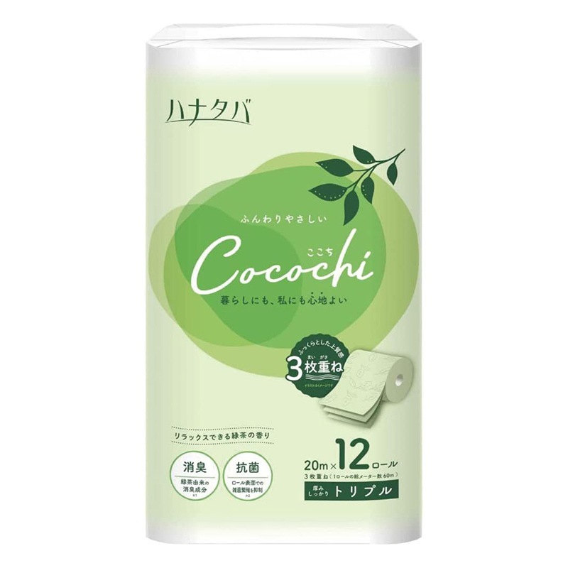 トイレットペーパー 丸富製紙 ハナタバ Cocochi ココチ 緑茶の香り 消臭機能 3枚重ね20m 12ロールX6パック