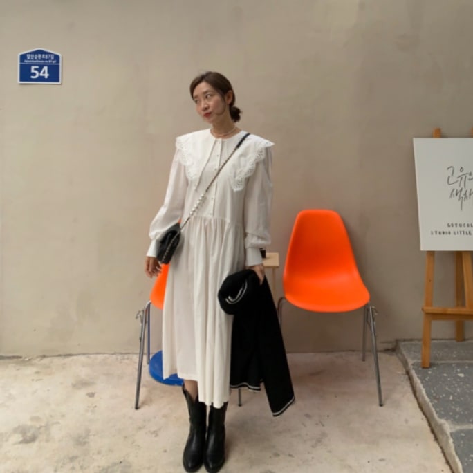 ワンピース シャツワンピース フレアワンピース 膝下 ミモレ丈 袖あり 長袖 襟付き フレア セミフレア レース 刺繍 ウエストマーク 大人可愛い きれいめ シンプル 大人 おしゃれ お洒落