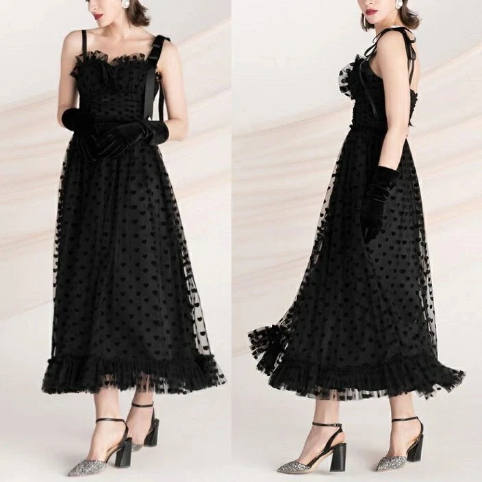 【急速出荷 2025年新作】キャミソール ワンピース キャミワンピ 黒 リゾートワンピース サマーワンピース ドレス 夏 ハートドット レディース ロング 韓国 リボン サテン 可愛い イベント 二次