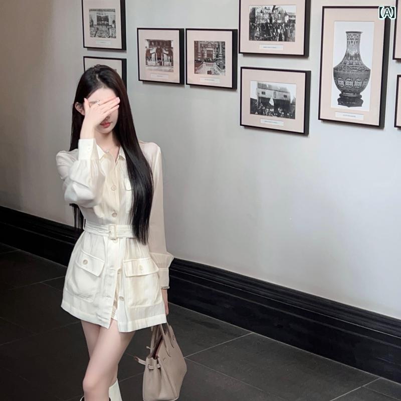 Yシャツ　無地　シンプル FairyJiang 早春 薄手 白 ワークシャツ ジャケット レディース ミディアム ロング ウエスト 長袖 シャツ ベルト 付き