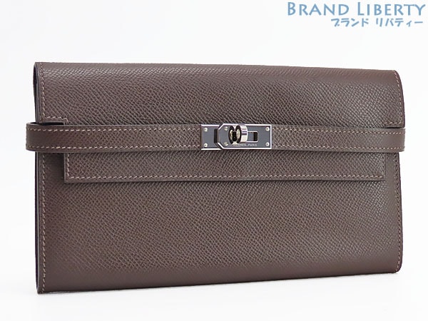 超美品エルメスケリーウォレットロング二つ折り長財布ショコラダークブラウンシルバー金具ヴォーエプソン