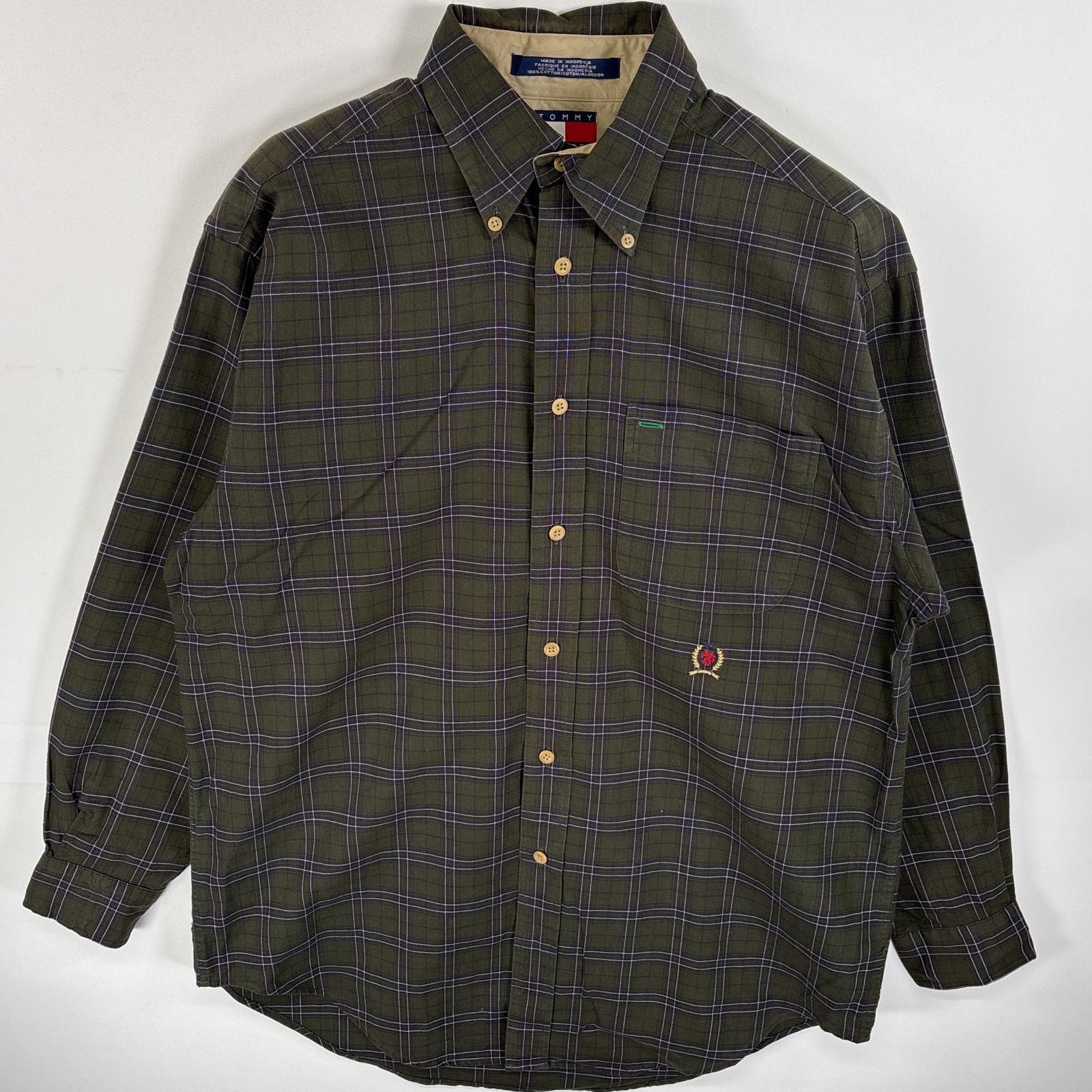 古着 90s/90年代 長袖シャツ ボタンダウンシャツ ワンポイント ロゴ 刺繍 胸ポケ S グリーン系 チェック メンズ