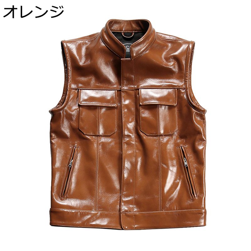 牛革ジャン レザーベスト ビジネスベスト メンズ 本革 光沢 ライダースベスト バイクチョッキ 四季通用 ポケット付き 着痩せ 前開 ワークウェア ジレ 薄手 ストリート系 韓国 撮影 シンプル トッ
