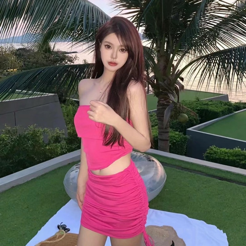 【1つ買うと10つ無料】純粋なセクシーな水着ストラップレスヒップパックスカートスプリットスイムスーツ