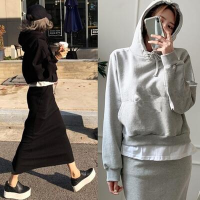 セットアップ レイヤード風 スウェット トップス フーディー スカート ミモレ丈 パーカー レディース カジュアル ゆったり 大きいサイズ グレー ブラック 黒 春 秋 冬 20代 30代 40代 5 4,829円