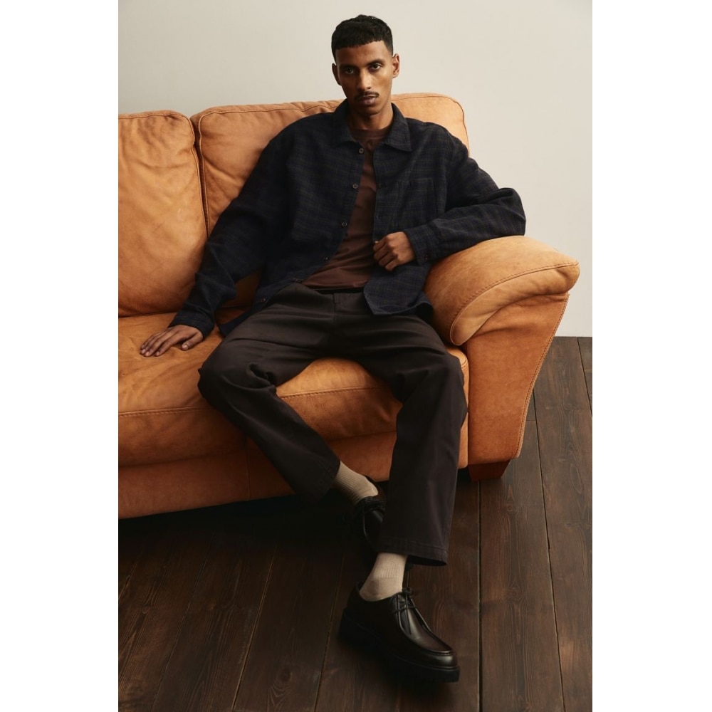 H&M コットンシャツレギュラーフィットネイビーブルー